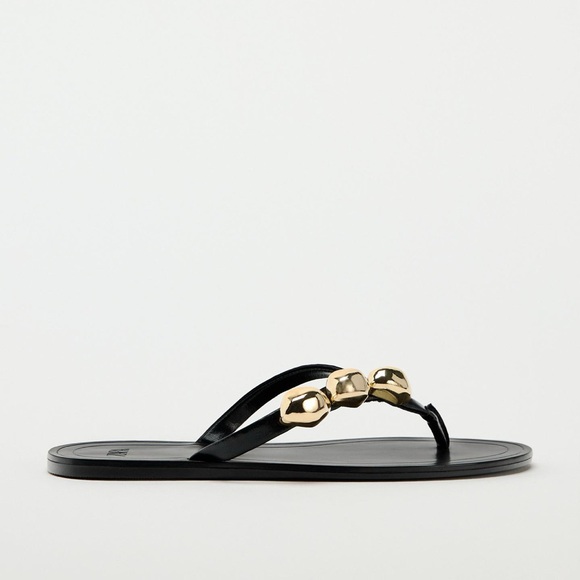 Zara Flat Leather Sandals with Decorative Detail - Picture 5 of 8